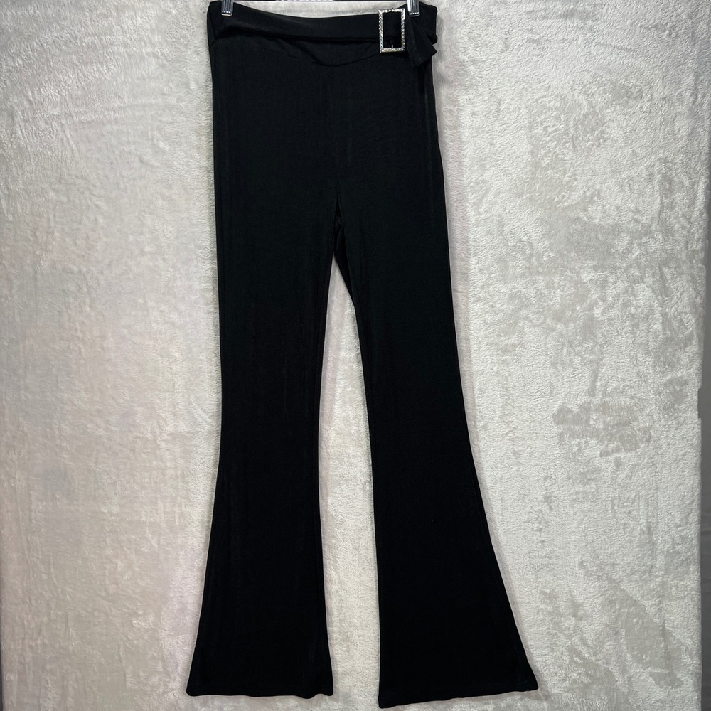 Motel Rocks Womens Tall XS Black Flare Pants Y2K Rhinestone Buckle‎ Stretch
